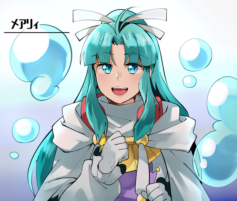 1girl, blue_eyes, blue_hair, cape, gloves, golden_sun, hair_ribbon, hannpen5500