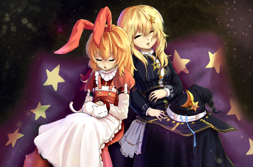 1boy, 2girls, :o, adapted_costume, animal, animal_ears, animal_on_lap, apron