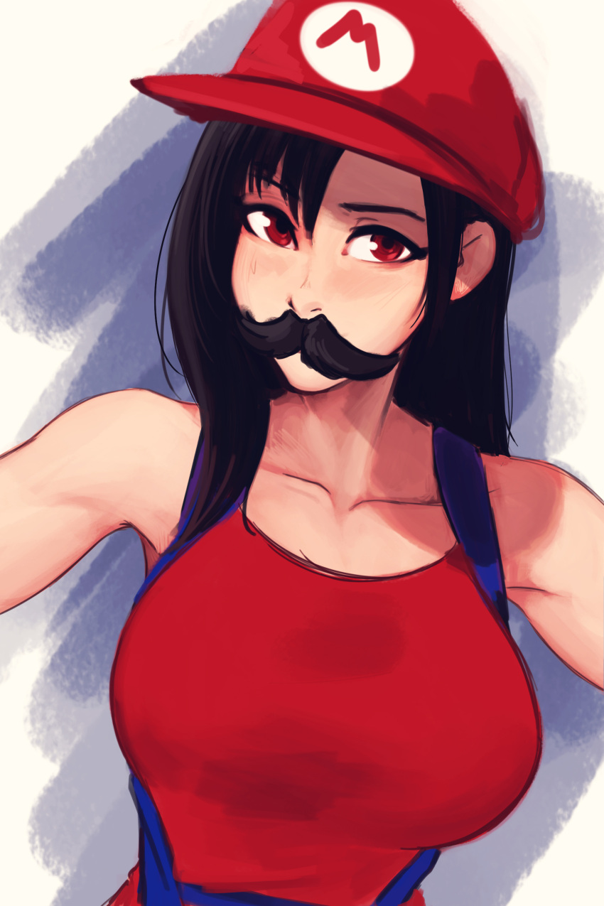 1girl, absurdres, blush, cosplay, crossover, facial_hair, final_fantasy, final_fantasy_vii