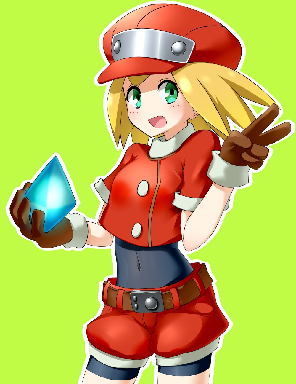 1girl, belt, bike_shorts, blonde_hair, brown_gloves, cabbie_hat, covered_navel, cropped_jacket