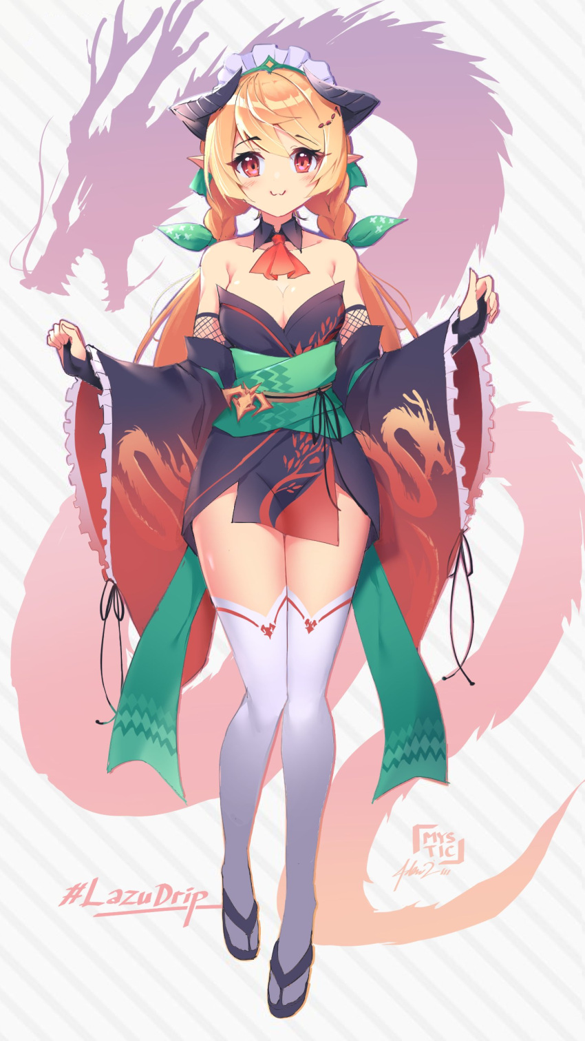 1girl, absurdres, alternate_costume, ascot, bangs, black_kimono, blonde_hair, braid