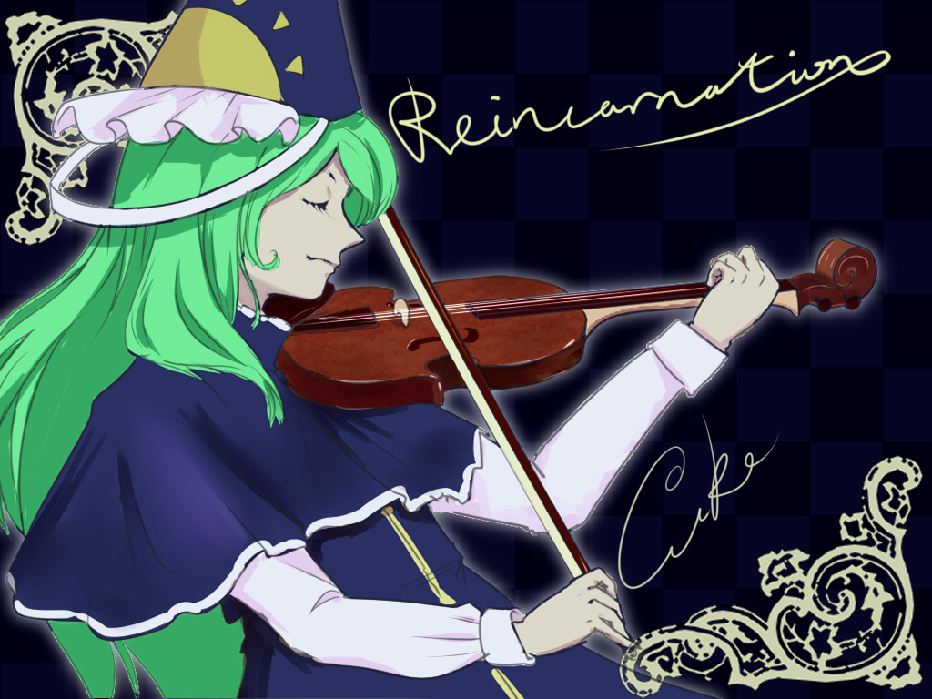 1girl, bangs, bloody_cuke, blue_capelet, blue_dress, blue_headwear, bow_(music), capelet