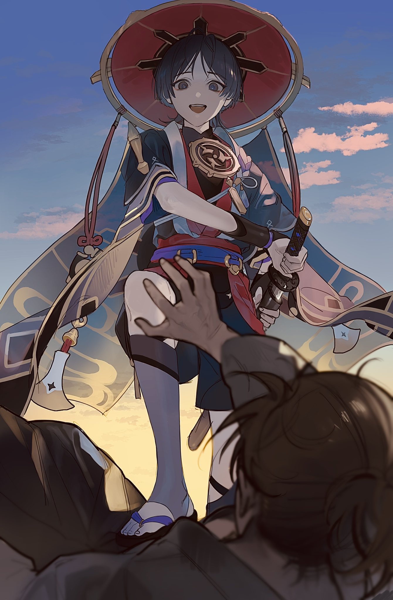 2boys, black_hair, blurry, brown_hair, clouds, crazy_smile, depth_of_field, drawing_sword