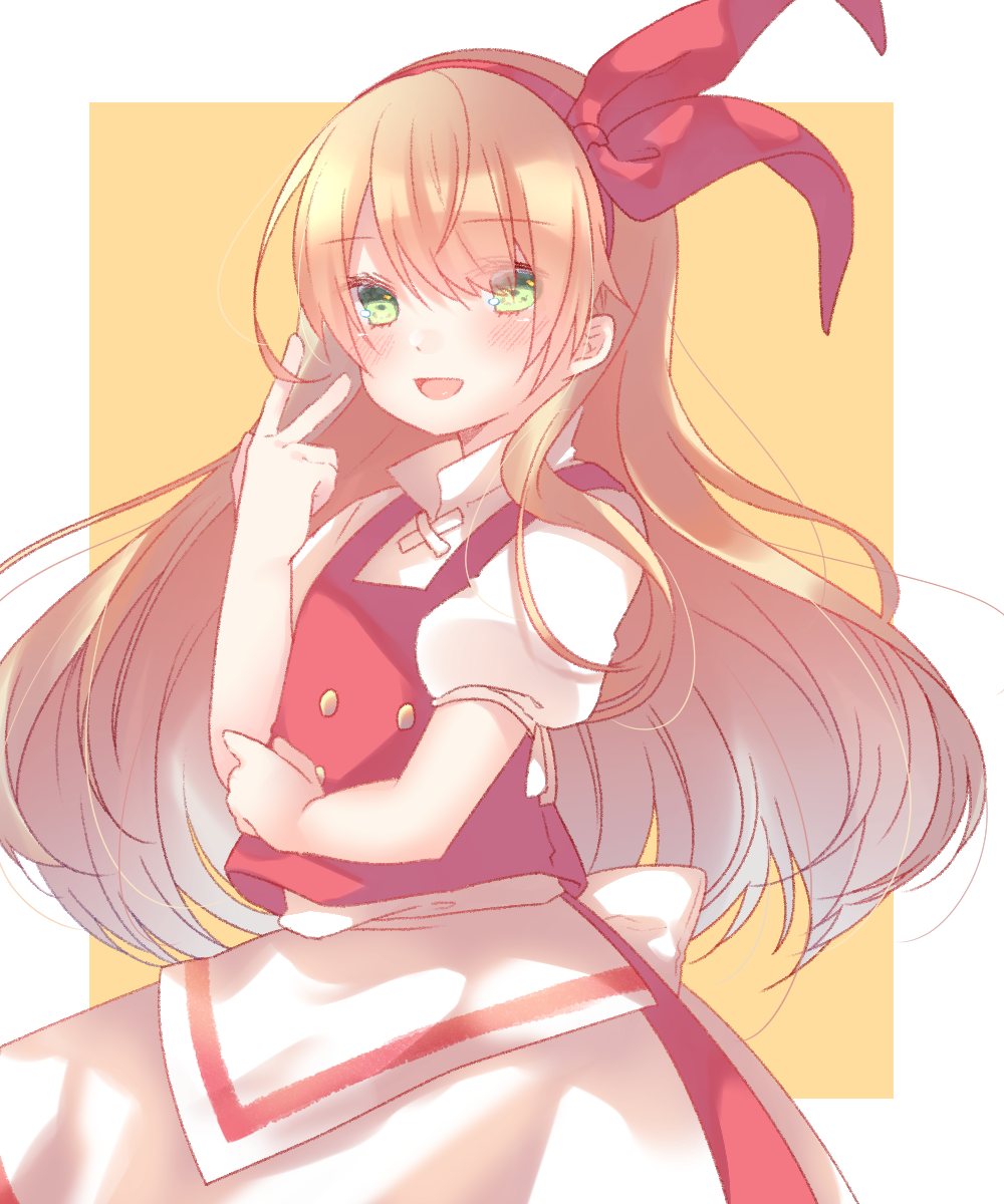 1girl, apron, back_bow, bangs, blonde_hair, blush, bow, buttons, cacao_(cacaomgmg), collared_shirt, commentary_request, cowboy_shot, ellen_(touhou), eyebrows_visible_through_hair, green_eyes, hair_bow, hairband, highres, long_hair, open_mouth, puffy_short_sleeves, puffy_sleeves, red_bow, red_hairband, red_skirt, red_vest, shirt, short_sleeves, simple_background, skirt, touhou, touhou_(pc-98), v, very_long_hair, vest, waist_apron, white_apron, white_bow, white_shirt, yellow_background