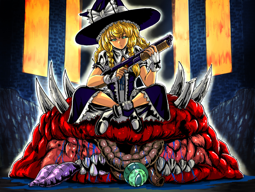 1girl, black_dress, black_footwear, blonde_hair, blood, blue_blood, boots, bow, braid, commentary_request, corpse, crossed_legs, crossover, death, doom_(series), dress, english_commentary, eyeball, fangs, frilled_dress, frills, frown, green_eyes, gun, hair_bow, hair_ribbon, half-closed_eyes, hands_up, hat, holding, holding_weapon, kirisame_marisa, looking_down, low_twin_braids, monster, puffy_short_sleeves, puffy_sleeves, ribbon, short_sleeves, shotgun, sitting, substance20, teeth, touhou, twin_braids, weapon, white_bow, witch_hat, wrist_cuffs