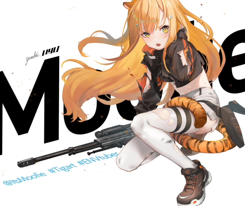 1girl, animal_ears, artist_name, bangs, belt, black_belt, black_jacket, brown_footwear, character_name, floating_hair, full_body, gun, hashtag, highres, indie_virtual_youtuber, jacket, long_hair, long_sleeves, midriff, moofie_(vtuber), one_knee, open_mouth, orange_hair, rifle, shoes, short_shorts, shorts, sidelocks, simple_background, sneakers, solo, squatting, stomach, sweatdrop, tail, thigh-highs, thighs, tiger_girl, tiger_tail, torn_clothes, torn_legwear, triangle_hair_ornament, twitter_username, virtual_youtuber, weapon, white_background, white_legwear, yellow_eyes, yuuki_uyu