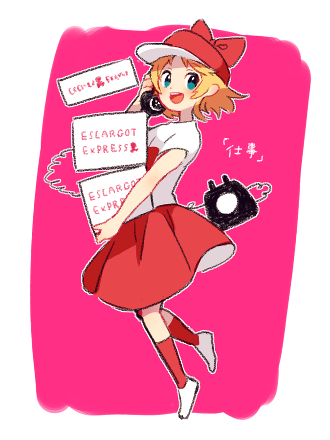 1girl, aqua_eyes, blonde_hair, blush, border, bow, calling, delivery