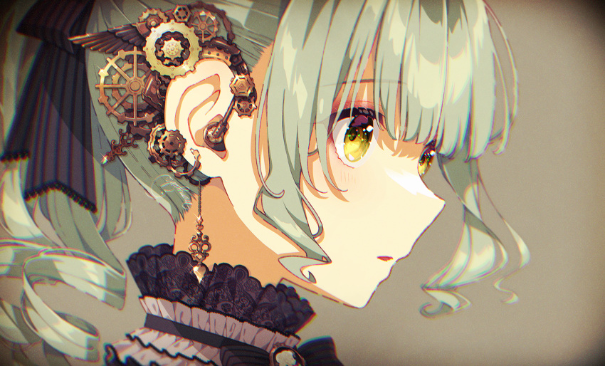 1girl, bangs, black_choker, black_ribbon, brown_background, choker, chromatic_aberration, commentary