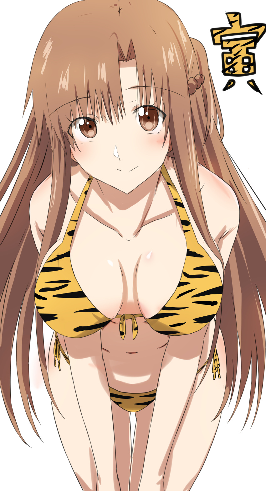 1girl, absurdres, animal_print, asuna_(sao), bangs, bikini, blush, braid, breasts, brown_eyes, brown_hair, chinese_zodiac, closed_mouth, collarbone, commentary, cowboy_shot, ekaki_kukuma, eyebrows_visible_through_hair, front-tie_bikini, front-tie_top, halterneck, hands_on_own_knees, highres, leaning_forward, long_hair, looking_at_viewer, medium_breasts, navel, new_year, orange_bikini, print_bikini, side-tie_bikini, smile, solo, standing, swimsuit, sword_art_online, thigh_gap, tiger_print, translated, white_background, year_of_the_tiger