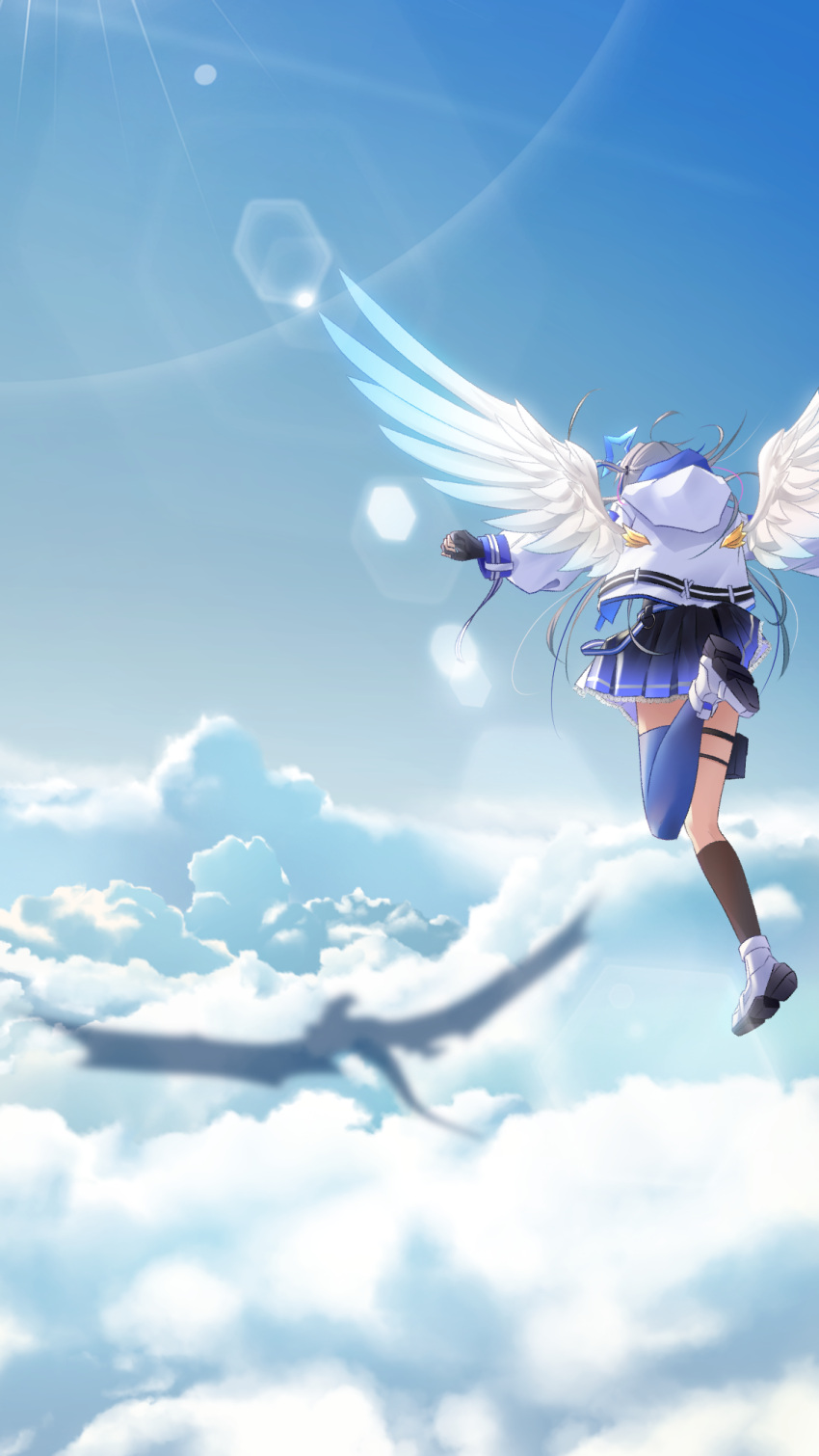 1girl, amane_kanata, angel, angel_wings, black_dress, blue_legwear, blue_wings, dress, facing_away, feathered_wings, flying, from_behind, gradient, gradient_wings, halo, highres, hololive, jacket, kiryu_coco_(dragon), lens_flare, long_hair, long_sleeves, multicolored_wings, pleated_dress, puffy_long_sleeves, puffy_sleeves, shiruko_sand, silver_hair, sky, star_halo, two_side_up, virtual_youtuber, white_jacket, white_wings, wings