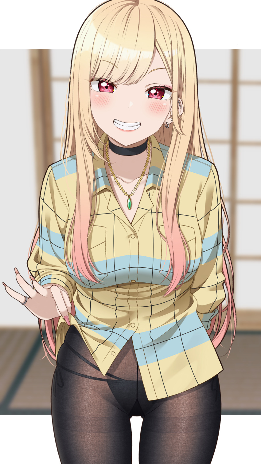 1girl, ass_visible_through_thighs, black_choker, black_legwear, black_panties, blonde_hair, blurry, blurry_background