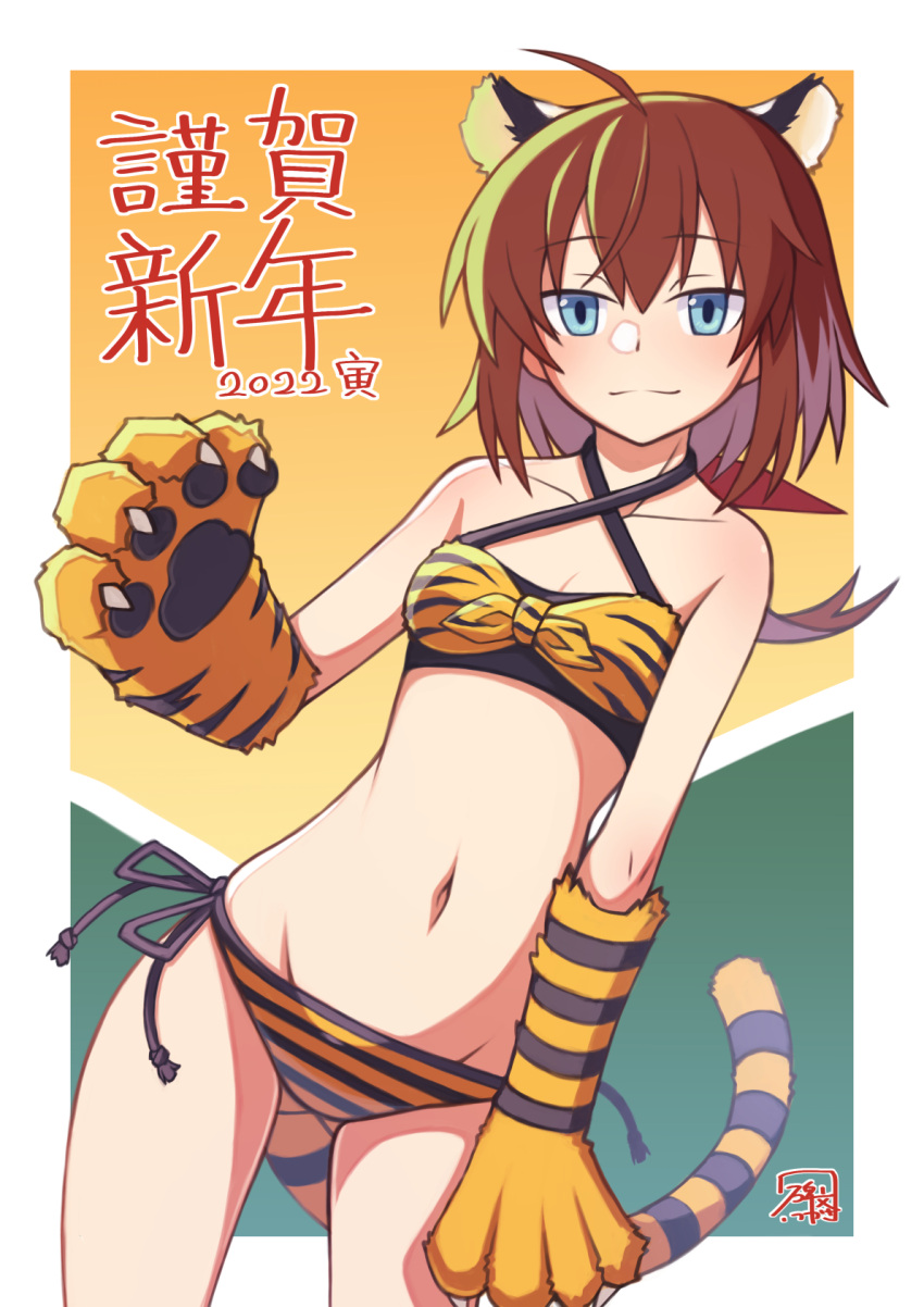 1girl, 2022, ahoge, animal_ears, animal_hands, animal_print, artist_name, bangs