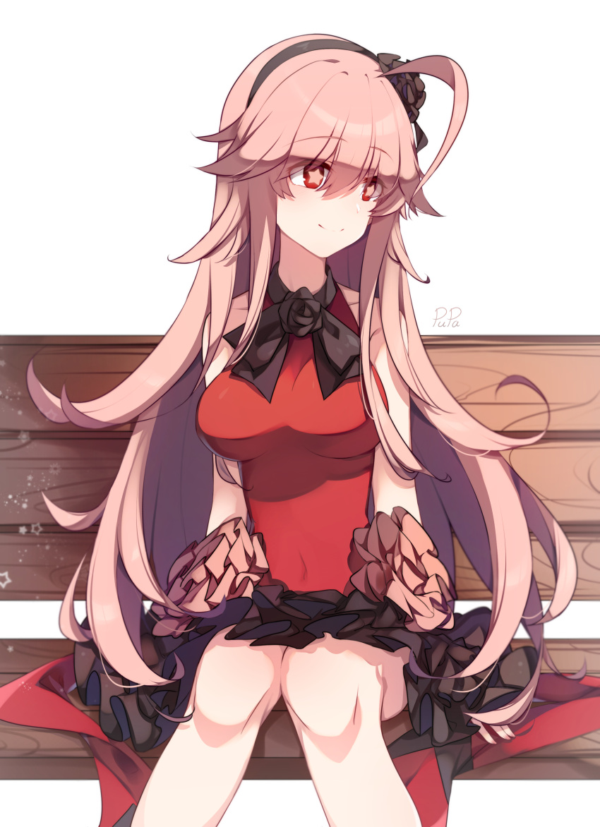 1girl, absurdres, ahoge, arms_at_sides, artist_name, bangs, bare_shoulders, bench