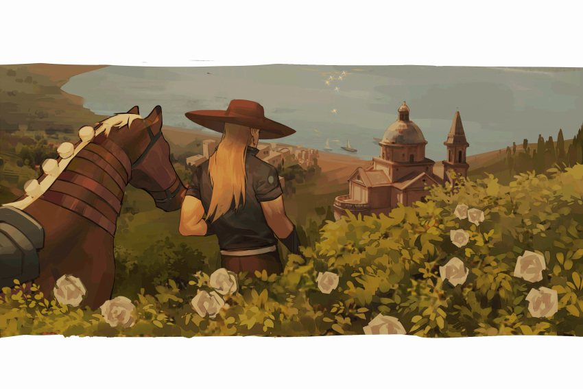 1boy, blonde_hair, boat, cape, flower, gyro_zeppeli, hat, highres
