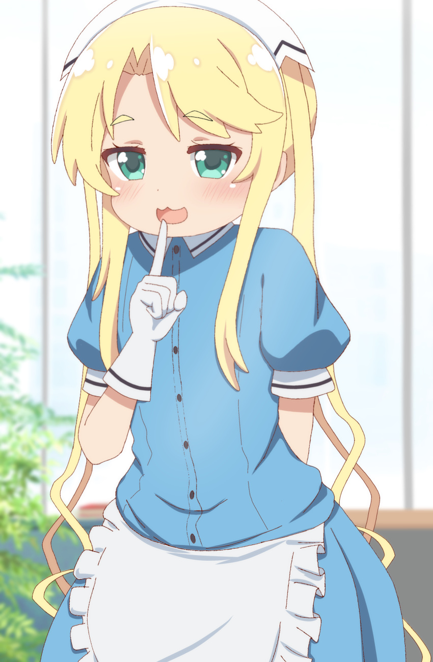 1girl, :3, :d, absurdres, apron, arm_behind_back, blend_s, blonde_hair