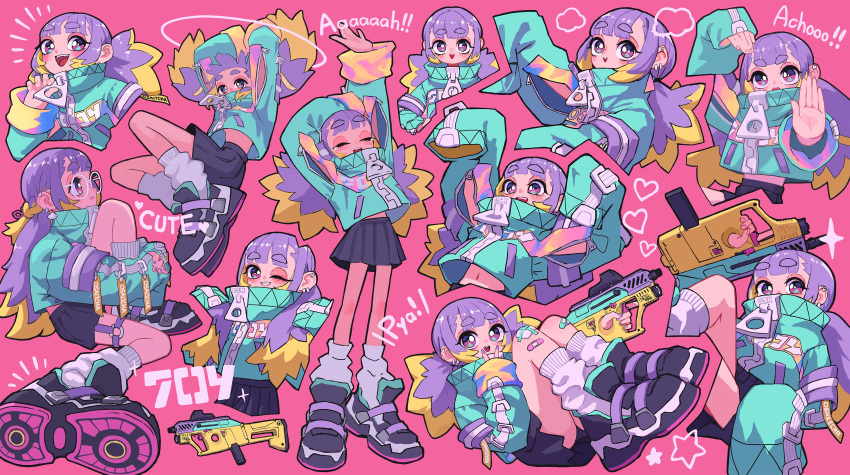 1girl, :d, absurdres, aqua_jacket, arm_up, bandaid, bangs, blonde_hair, blush, breasts, character_request, commentary_request, copyright_request, cropped_jacket, earrings, english_text, heart, high_tops, highres, jacket, jewelry, long_hair, long_sleeves, midriff_peek, miniskirt, multicolored_hair, multiple_views, navel, no_bra, one_eye_closed, osakechan0, oversized_zipper, panties, pantyshot, piercing, pink_background, pleated_skirt, purple_hair, purple_nails, round_eyewear, shirt, shoes, simple_background, skinny, skirt, smile, sneakers, socks, standing, thick_eyebrows, two-tone_hair, under_boob, underwear, weapon, white-framed_eyewear, zipper_pull_tab