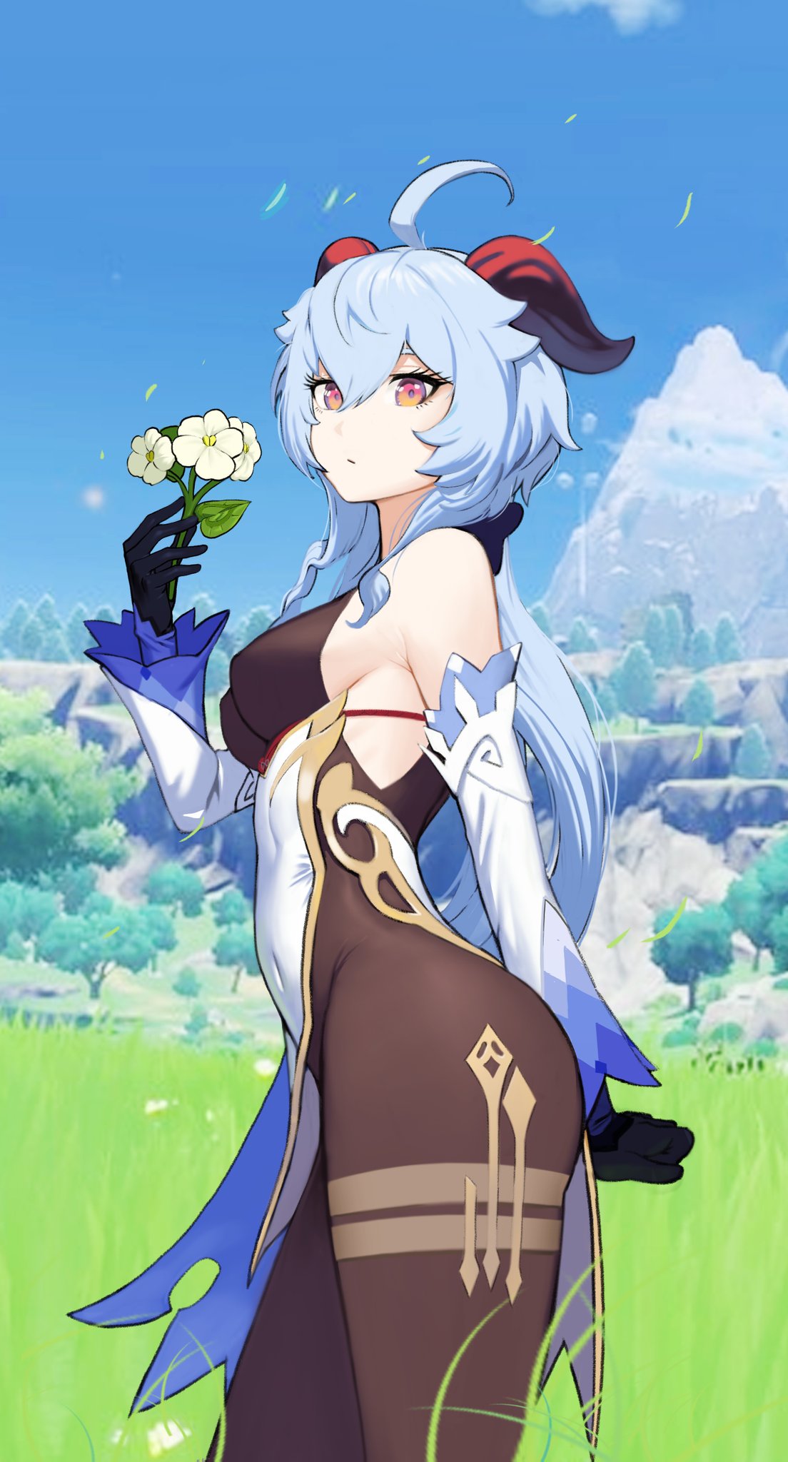 1girl, ahoge, bare_shoulders, black_bodysuit, black_gloves, black_legwear, blue_hair, blue_sky