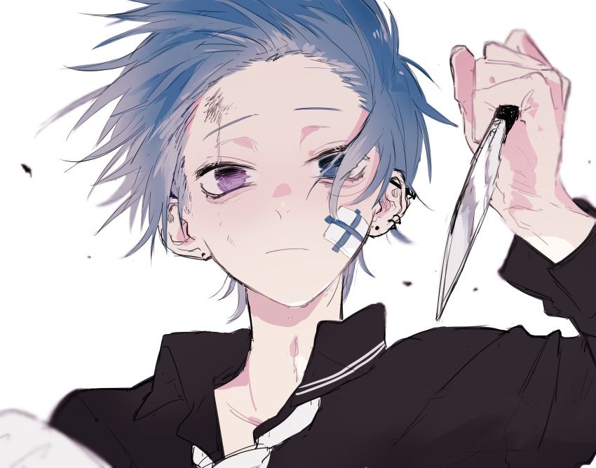 1boy, absurdres, bandaid, blue_eyes, blue_hair, ear_piercing, earrings, heterochromia