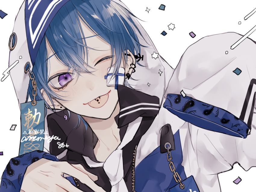1boy, blue_hair, chain, ear_piercing, highres, hood, hood_up, long_sleeves