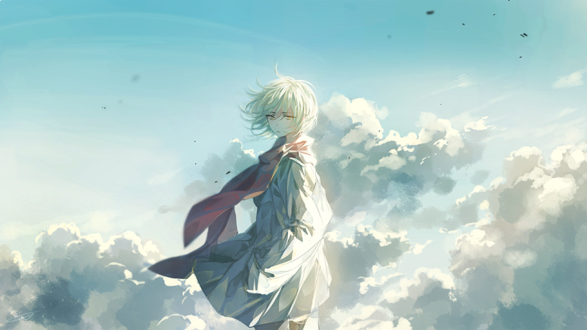 1girl, :|, bangs, closed_mouth, clouds, commentary_request, day, eyes_visible_through_hair