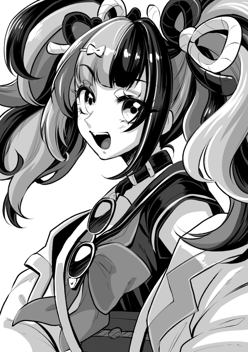 1girl, :d, akami_maguro, bangs, bow, collar, eyebrows_visible_through_hair, fang