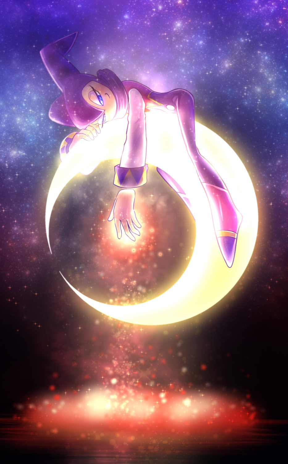 1other, blue_eyes, bodysuit, closed_mouth, commentary_request, crescent_moon, from_side, full_body