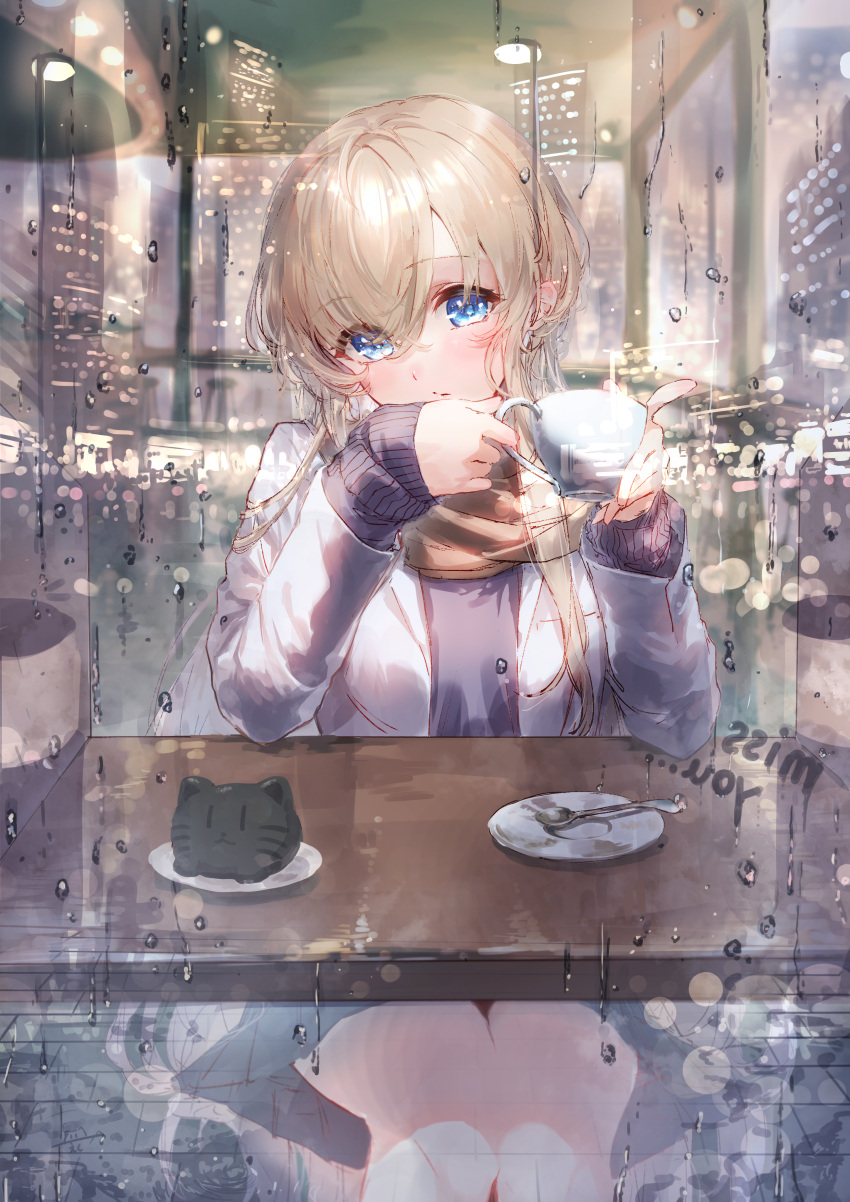 1girl, absurdres, bangs, black_sweater, blonde_hair, blue_eyes, blurry, blurry_background, bokeh, building, cafe, city_lights, coat, commentary, crossed_bangs, cup, dentaku_music, depth_of_field, eyebrows_visible_through_hair, hair_between_eyes, highres, holding, holding_cup, indoors, legs_together, light_blush, long_hair, looking_at_viewer, night, original, parted_lips, rain, reflection, sitting, solo, sweater, table, water_drop, white_coat