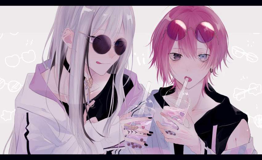 2boys, androgynous, black_hair, blue_eyes, bubble_tea, cup, drinking_straw_in_mouth, duplicate