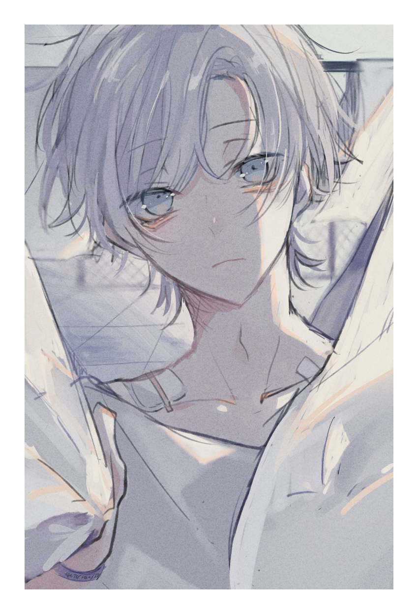 1boy, absurdres, bandaid, curtains, duplicate, grey_eyes, head_tilt, highres