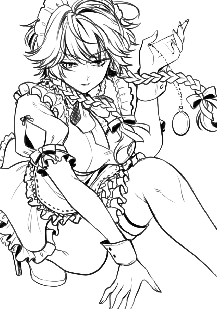 1girl, akami_maguro, apron, bow, braid, eyebrows_visible_through_hair, floating_hair, greyscale