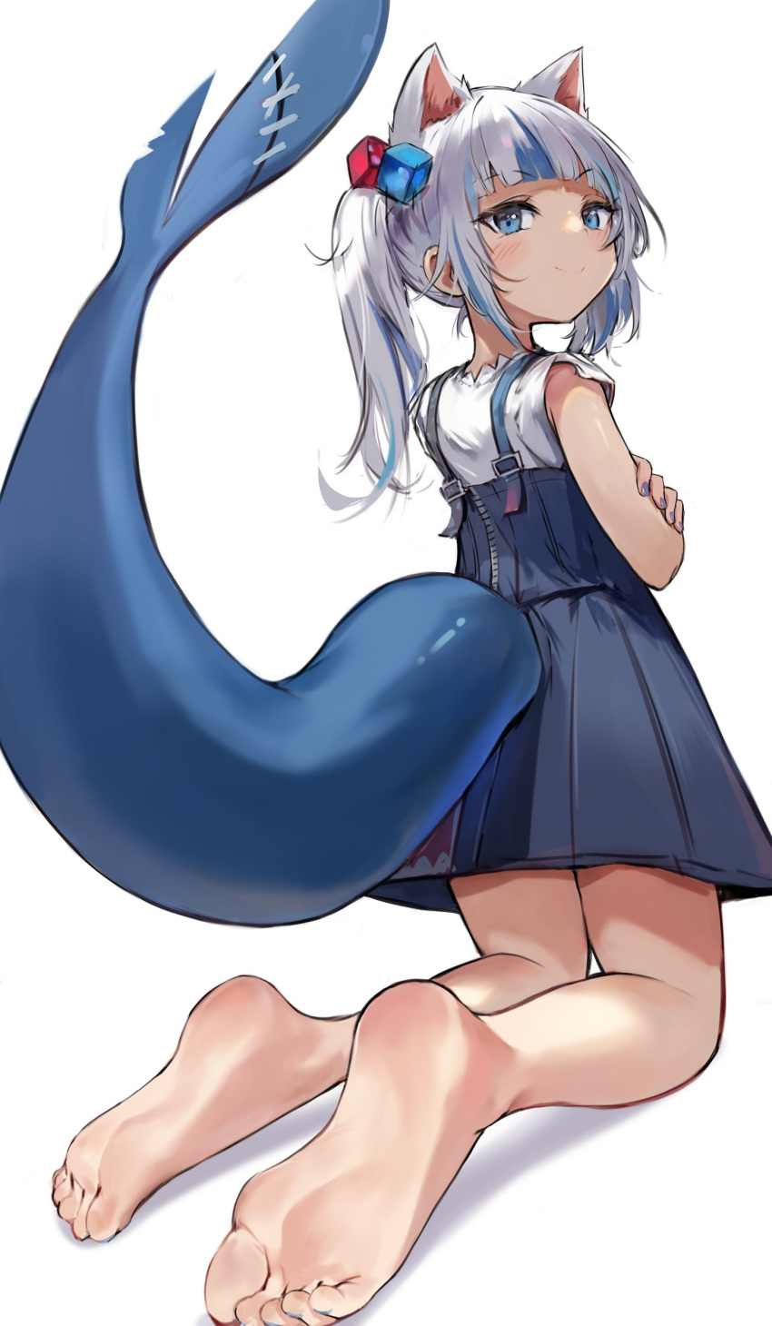 1girl, absurdres, animal_ears, bangs, barefoot, blue_eyes, blue_hair, blue_skirt