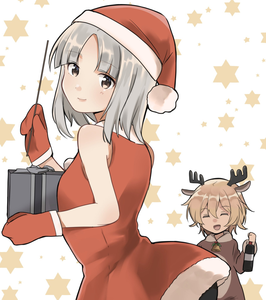 2girls, animal_ears, antlers, bangs, bell, bottle, brave_witches, brown_coat