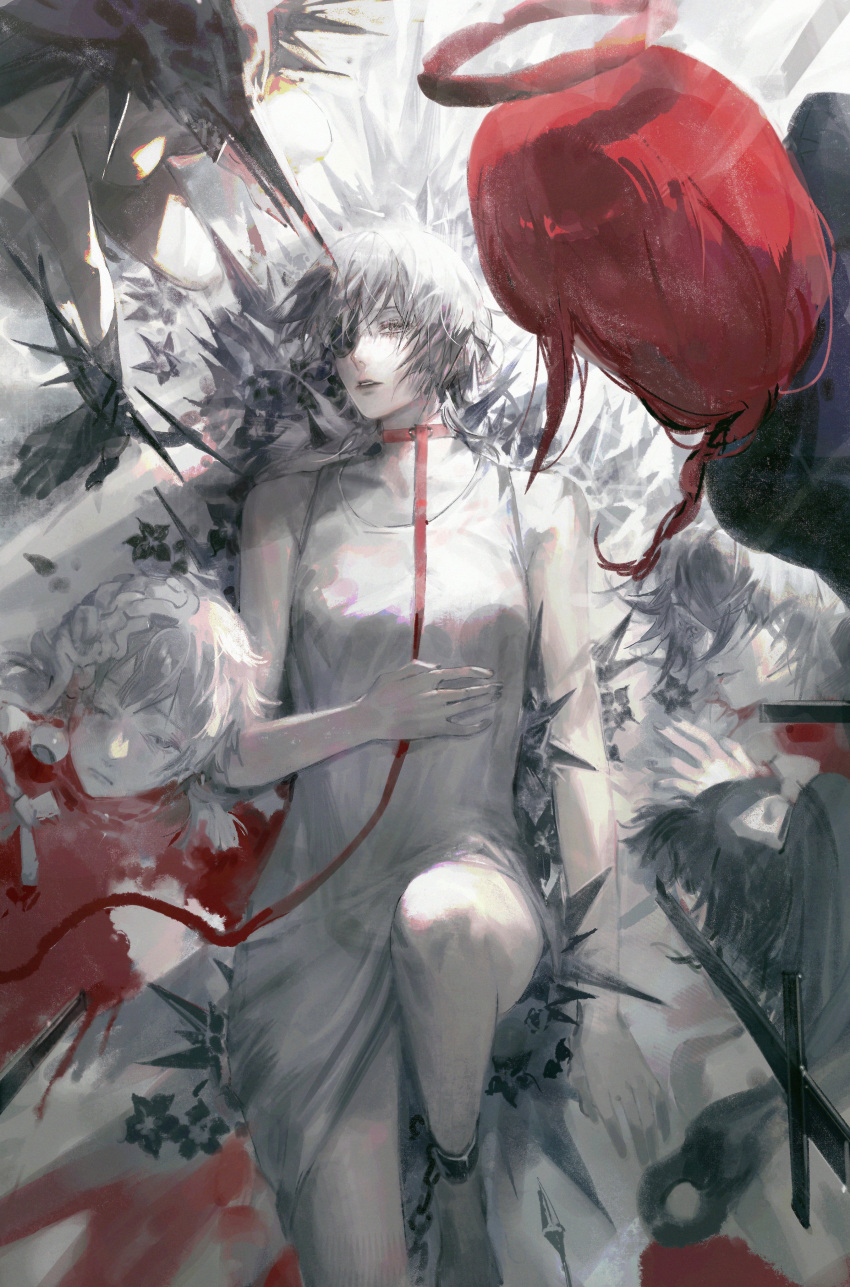 5girls, absurdres, bare_shoulders, barefoot, black_eyepatch, black_flower, blood, blood_on_face