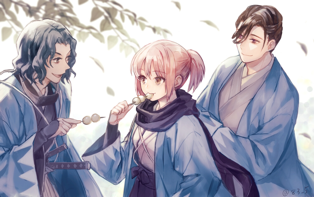 1girl, 2boys, bangs, belt, black_hair, blonde_hair, curly_hair, dango, eating, eyebrows_behind_hair, eyebrows_visible_through_hair, fate/grand_order, fate_(series), food, hair_between_eyes, haori, holding, holding_food, japanese_clothes, katana, kimono, koha-ace, leaf, multiple_boys, okita_souji_(fate), okita_souji_(koha-ace), ponytail, saitou_hajime_(fate), scarf, short_hair, sword, wagashi, weapon, yamanami_keisuke_(fate), yamigo