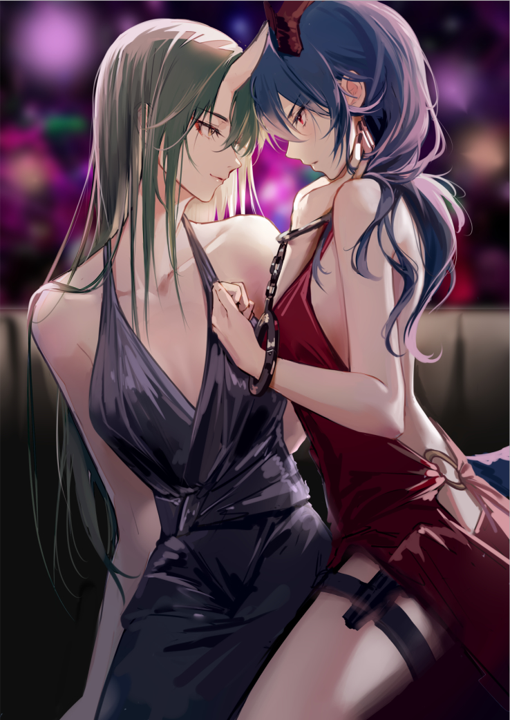 2girls, arknights, backless_dress, backless_outfit, bare_arms, bare_shoulders, black_dress, blue_hair