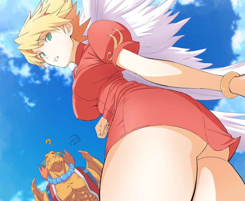 1boy, 1girl, ?, angel_wings, ass, blonde_hair, bracelet, breasts, breath_of_fire, breath_of_fire_iii, clouds, dress, feathered_wings, garr, green_eyes, hairband, highres, jewelry, looking_at_viewer, nina_(breath_of_fire_iii), nori_(norimakigumo), puffy_sleeves, short_hair, white_wings, wings