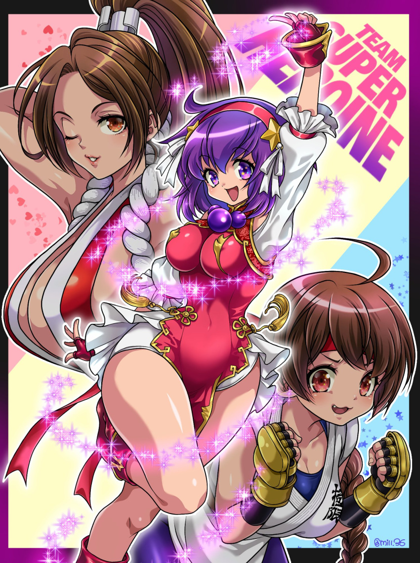 3girls, asamiya_athena, breasts, brown_eyes, brown_hair, highres, large_breasts, looking_at_viewer