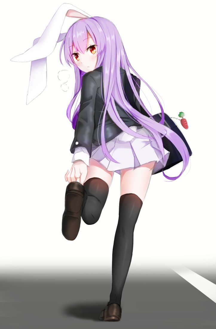 1girl, adjusting_footwear, animal_ears, bag, bag_charm, bangs, black_legwear, blush, brown_footwear, carrot_charm, charm_(object), eyelashes, full_body, light_purple_hair, loafers, long_hair, long_sleeves, looking_at_viewer, looking_back, mixed-language_commentary, pleated_skirt, rabbit_ears, rabbit_tail, red_eyes, reisen_udongein_inaba, shiny, shiny_hair, shoes, sidelocks, skirt, solo, standing, standing_on_one_leg, tail, thigh-highs, touhou, white_skirt, xialuluo_(sharuro)