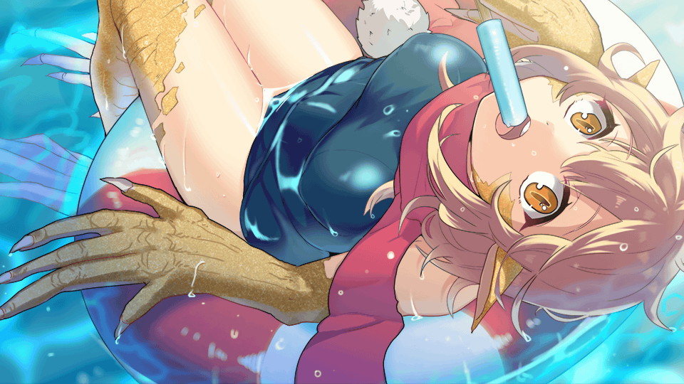 1girl, animal_feet, animal_hands, artist_request, claws, covered_nipples, eating, food, game_cg, holding, holding_food, innertube, liza_(monster_musume), looking_at_viewer, monster_girl, monster_musume_no_iru_nichijou, monster_musume_no_iru_nichijou_online, official_art, one-piece_swimsuit, open_mouth, orange_eyes, orange_hair, pom_pom_(clothes), popsicle, red_scarf, reptile_girl, scales, scarf, sitting, solo, swimsuit, water, wet