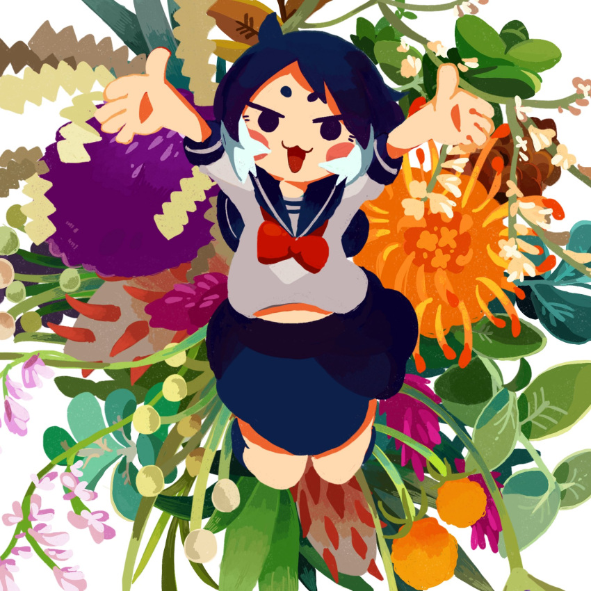 1girl, :3, arms_up, blue_eyes, blue_hair, blue_sailor_collar, blue_skirt, blush_stickers, bow, bowtie, bukka-chan_(butudan_butugu), butudan_butugu, flower, highres, leaf, looking_at_viewer, minigirl, multicolored_hair, no_nose, no_sclera, open_mouth, orange_flower, original, outstretched_arms, plant, purple_flower, red_bow, red_bowtie, sailor_collar, school_uniform, serafuku, shirt, short_sleeves, skirt, smile, solo, streaked_hair, symbol-only_commentary, two-tone_hair, white_background, white_hair, white_shirt