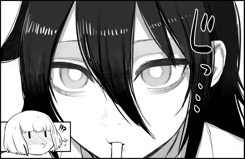 !?, 2girls, bags_under_eyes, bangs, blush, chibi, chibi_inset, close-up