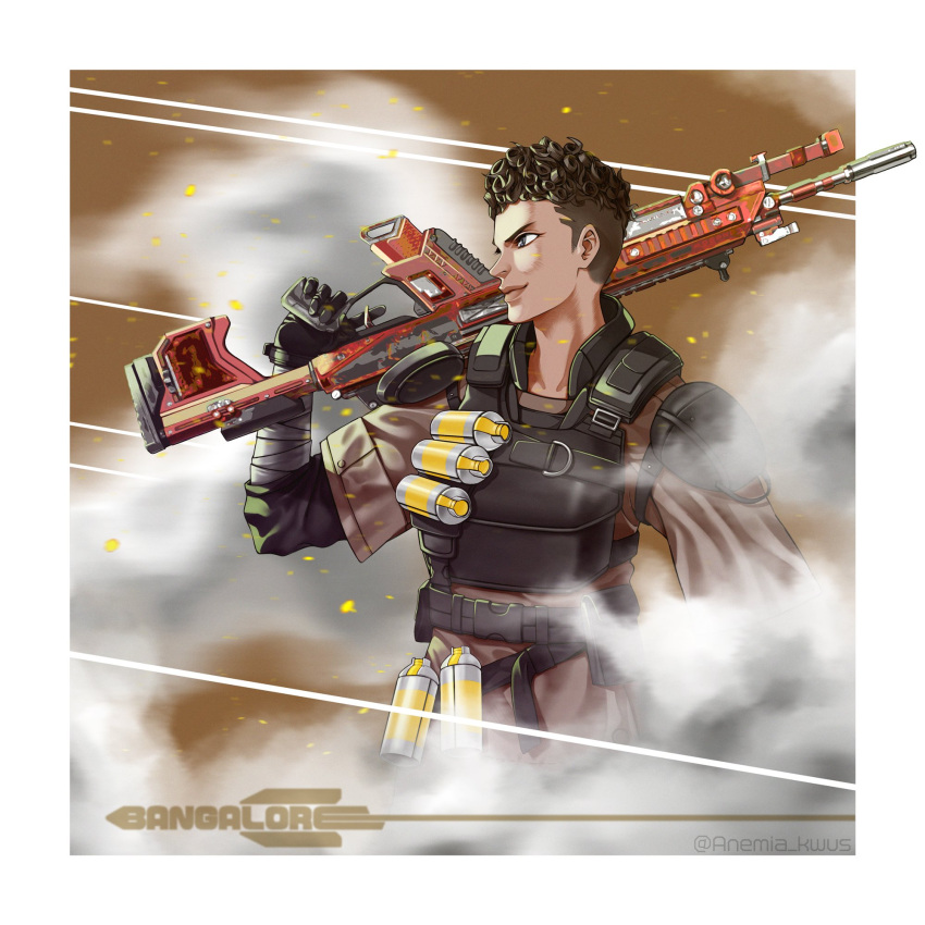 1girl, anemia_kwus, apex_legends, bangalore_(apex_legends), black_gloves, border, brown_hair, brown_jacket