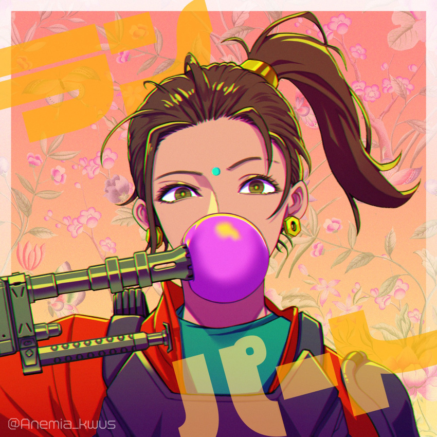 1girl, anemia_kwus, apex_legends, aqua_shirt, brown_hair, character_name, chewing_gum, dark-skinned_female
