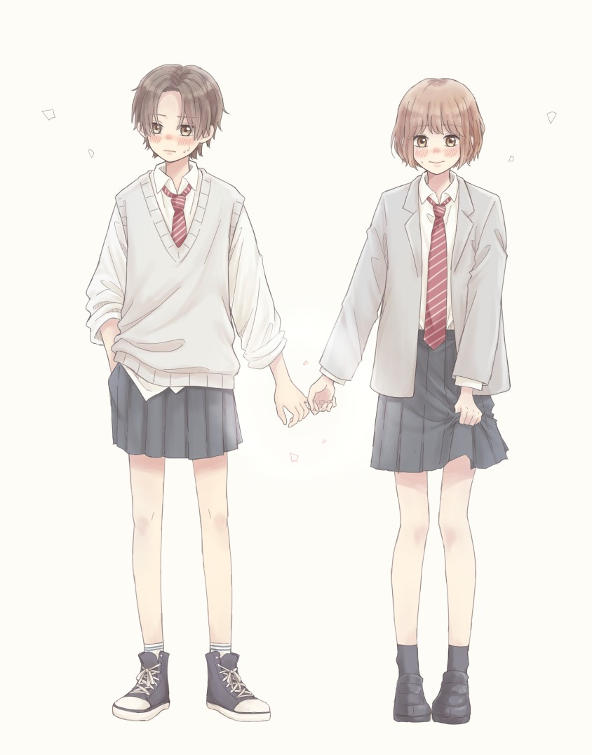 black_hair, blazer, blush, bob_cut, brown_hair, embarrassed, facing_viewer, holding_finger