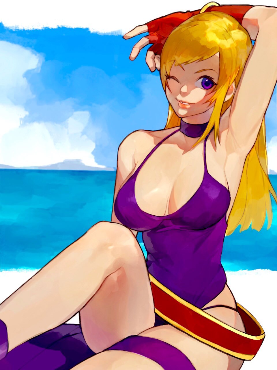 1girl, ;), arm_over_head, arm_up, armpits, bare_shoulders, blonde_hair, breasts