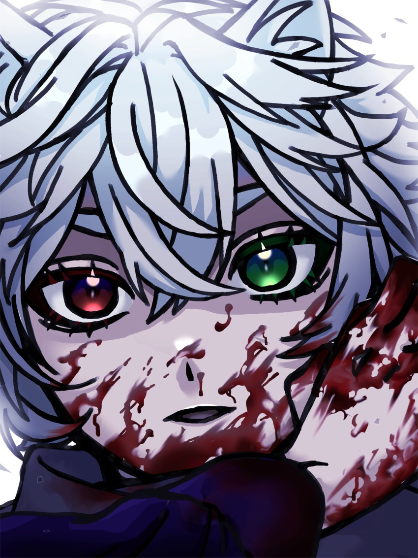 1boy, animal_ear_fluff, bangs, black_shirt, blood, blood_on_face, blood_on_hands, cat_boy, chakumi, crazy_raccoon, green_eyes, hair_between_eyes, head_tilt, heterochromia, highres, male_focus, open_mouth, portrait, ras_(crazy_raccoon), red_eyes, shirt, solo, white_background