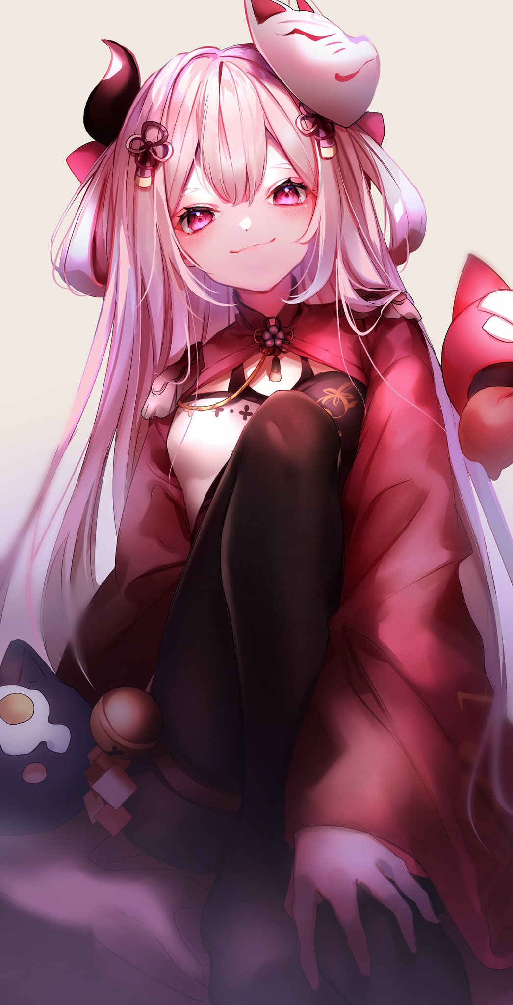 1girl, black_dress, black_legwear, breasts, china_dress, chinese_clothes, dress, fox_mask, head_tilt, highres, horns, konati_e, long_hair, looking_at_viewer, mask, mask_on_head, naraka_(nijisanji), nijisanji, pantyhose, silver_hair, sitting, small_breasts, smile, solo, very_long_hair, violet_eyes, virtual_youtuber, white_dress