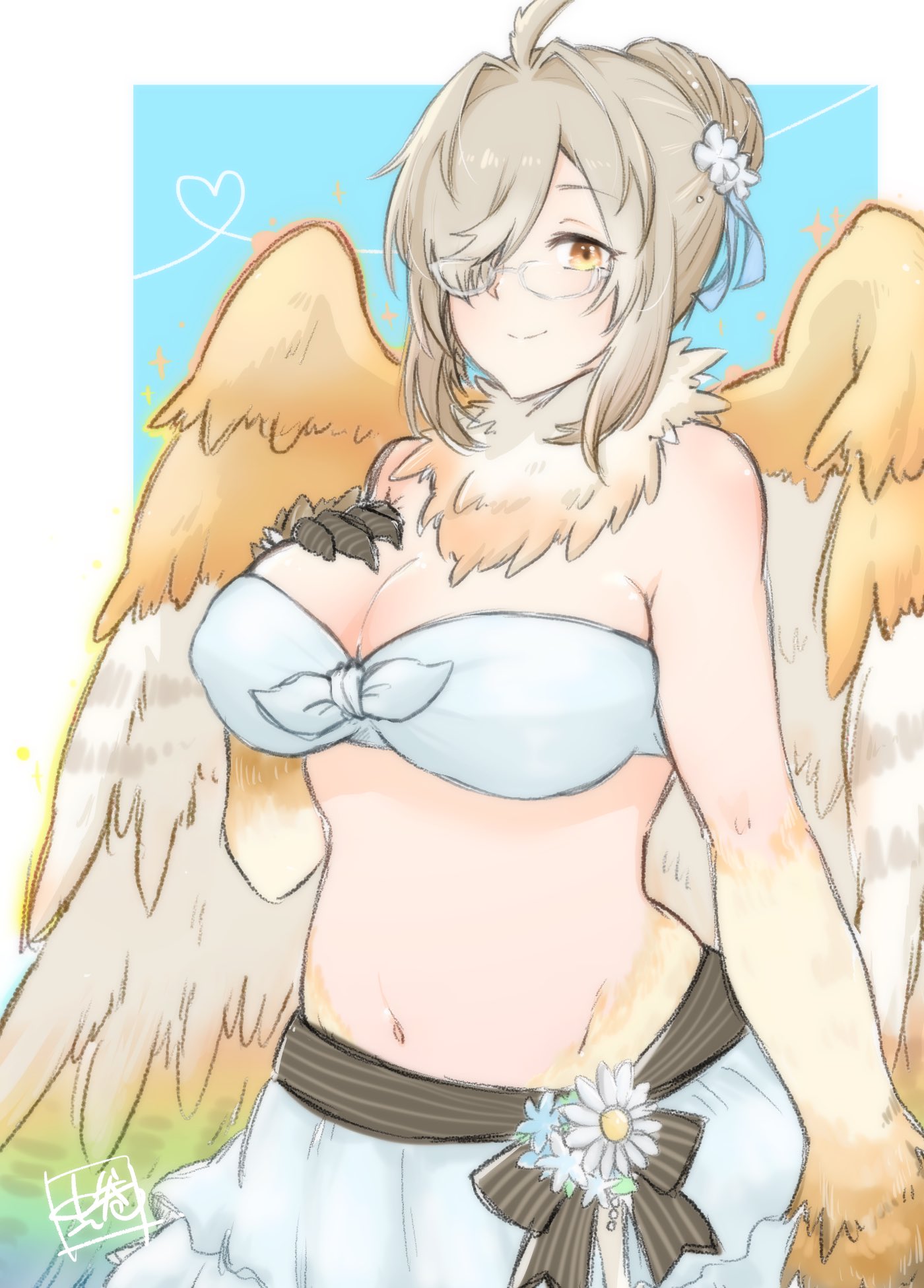 1girl, ahoge, animal_hands, bare_shoulders, breasts, brown_hair, commentary_request, feathered_wings