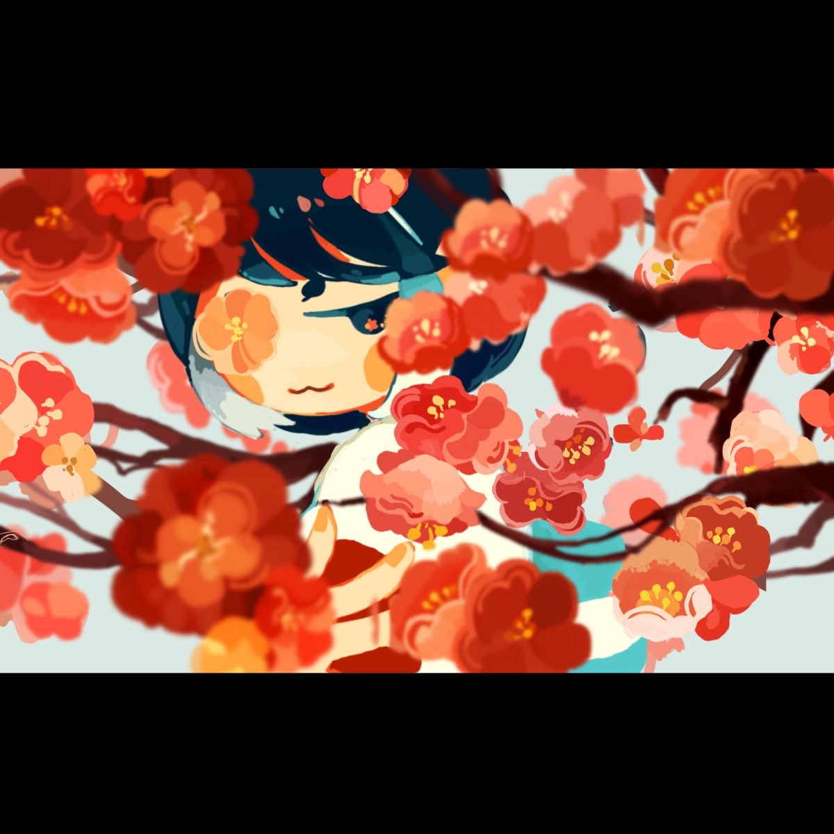 1girl, :3, bangs, blue_hair, blurry, blurry_foreground, blush_stickers, branch