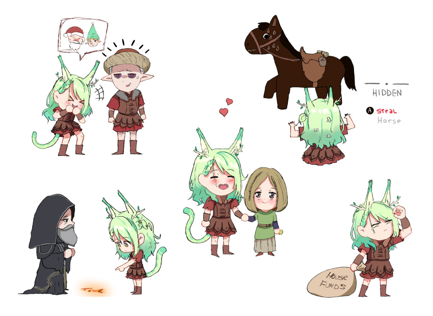 2boys, 2girls, absurdres, animal_ears, anre_(anrepoi), armor, arngeir_(skyrim), boots, braid, cat_ears, cat_girl, cat_tail, ceres_fauna, chibi, elf, faendal_(skyrim), flower, gameplay_mechanics, green_hair, hair_flower, hair_ornament, highres, hololive, hololive_english, horse, long_hair, lucia_(skyrim), monk, multiple_boys, multiple_girls, old, old_man, pointy_ears, smile, tail, the_elder_scrolls, the_elder_scrolls_v:_skyrim, virtual_youtuber, yellow_eyes